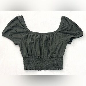 Hollister Women’s Olive Green Cotton Blend Eyelet Puff Sleeve Crop Top XS